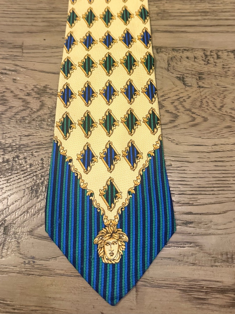 Versace Yellow Silk Tie with Blue and Green Medallion Pattern